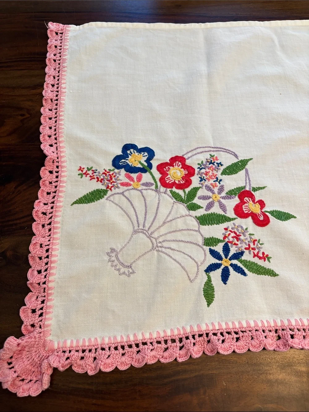 Embroidered Floral Linen Runner with Pink Crochet Trim- Fabulous!